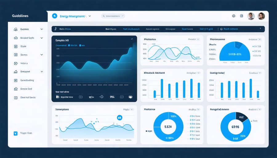 Digital dashboard displaying building energy consumption metrics, IoT sensor data, and predictive analytics