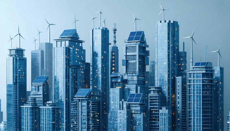 A futuristic city skyline featuring skyscrapers with integrated renewable energy systems such as solar panels and wind turbines, depicting the energy transition in construction