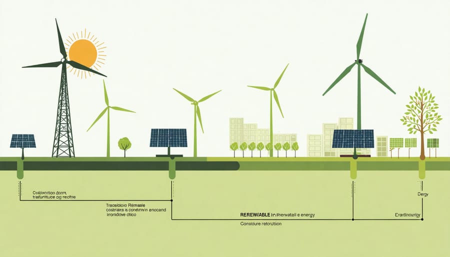 Visual representation of energy transition from fossil fuels to renewable energy sources in construction