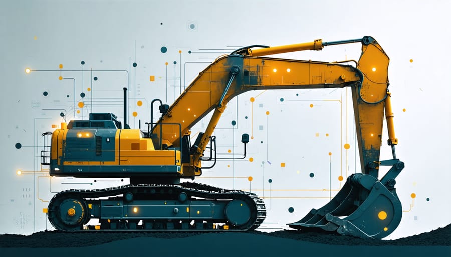 Digital representation of construction equipment showing IoT sensor placement and data collection points