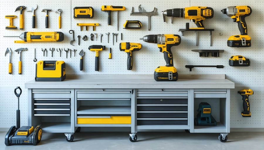 Complete set of essential DIY construction tools on workbench