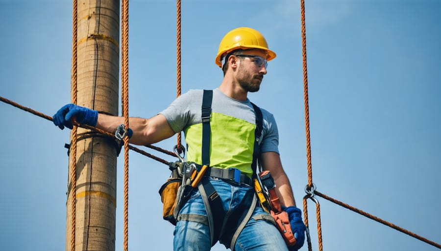 Worker demonstrating correct usage of fall protection harness and lanyard on construction site