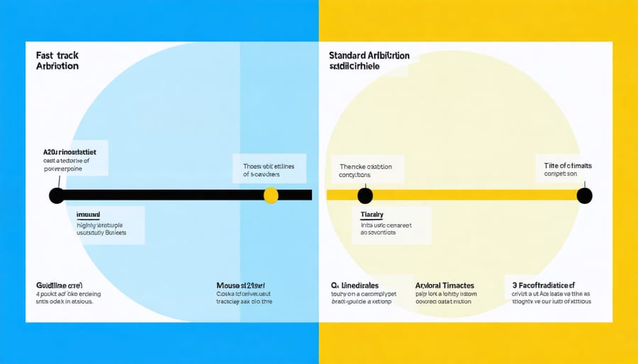 Comparative timeline diagram showing expedited and regular construction arbitration processes
