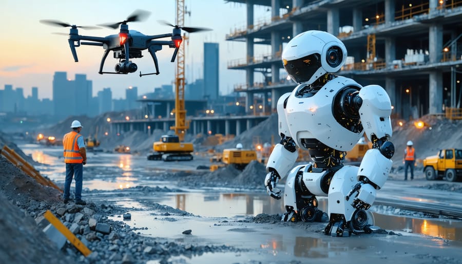 A futuristic construction site featuring autonomous robots and drones with digital overlays of data analytics, illustrating the integration of technology and traditional construction methods.