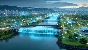 Illustration of futuristic urban landscape featuring smart water infrastructure including dams, treatment facilities, IoT sensors, and green bioswales, symbolizing advanced connectivity and synergy in urban development.