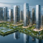 A futuristic cityscape featuring climate-ready buildings made from self-healing concrete, transparent aluminum, and mass timber, with green spaces and advanced material symbolism.