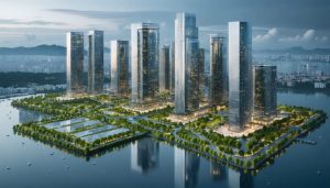 A futuristic cityscape featuring climate-ready buildings made from self-healing concrete, transparent aluminum, and mass timber, with green spaces and advanced material symbolism.