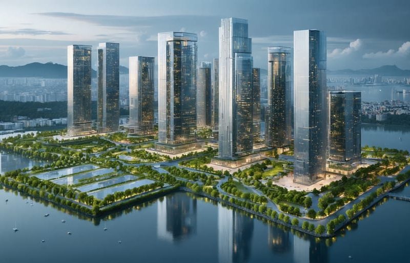 A futuristic cityscape featuring climate-ready buildings made from self-healing concrete, transparent aluminum, and mass timber, with green spaces and advanced material symbolism.