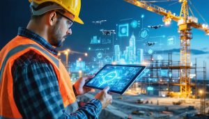 Construction professional using a digital tablet at a high-tech construction site, with holographic projections of building plans and smart inspection drones in the background, illustrating modern quality management tools and standards in the industry.