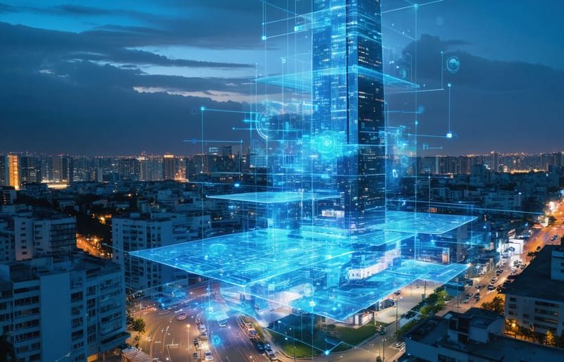 Futuristic cityscape with a modern high-rise building showcasing digital twin technology. Transparent layers reveal digital data streams and IoT sensors over the building, set against an urban backdrop with smart infrastructure elements.