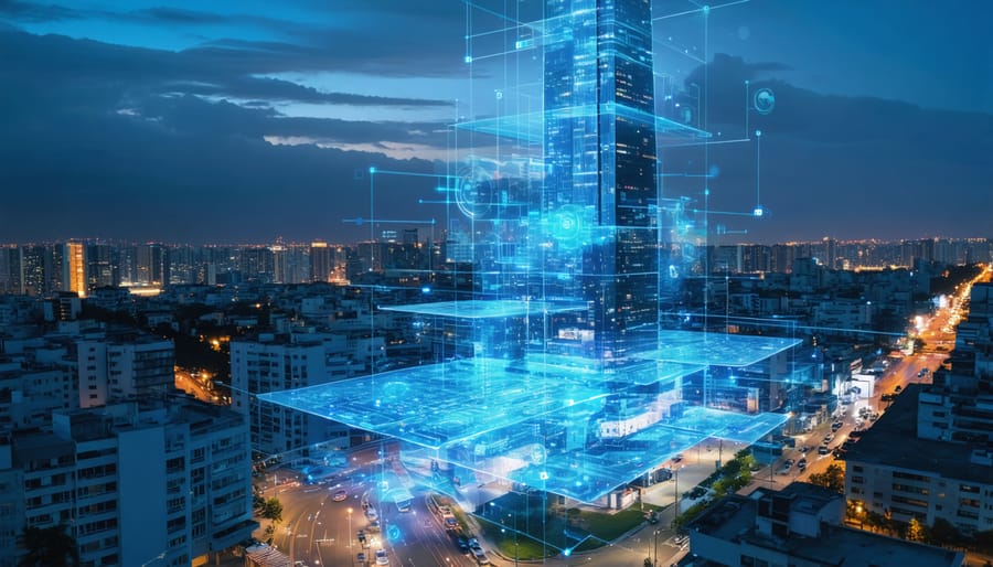 Futuristic cityscape with a modern high-rise building showcasing digital twin technology. Transparent layers reveal digital data streams and IoT sensors over the building, set against an urban backdrop with smart infrastructure elements.