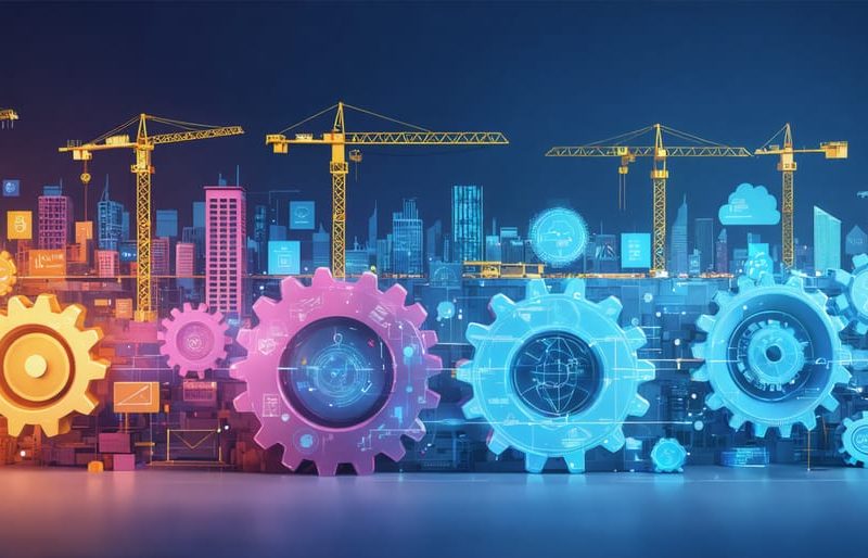 Conceptual illustration depicting the GICS framework transforming construction events with interconnected gears and construction icons representing industry groups and technology integration.