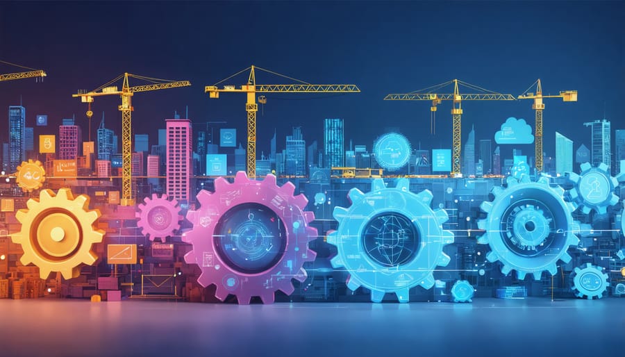 Conceptual illustration depicting the GICS framework transforming construction events with interconnected gears and construction icons representing industry groups and technology integration.