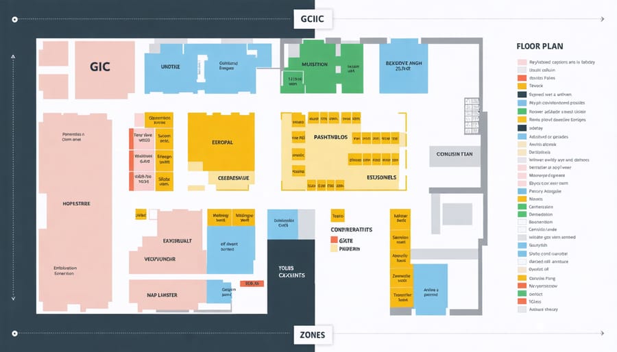 Color-coded exhibition floor plan showing GICS-based organization of vendor spaces