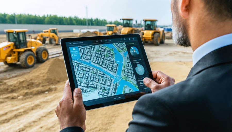 Construction site manager viewing GPS tracking interface on tablet device