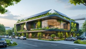 "Illustration of an eco-friendly office building featuring solar panels, living walls, and natural lighting, representing sustainable construction and green building certification."