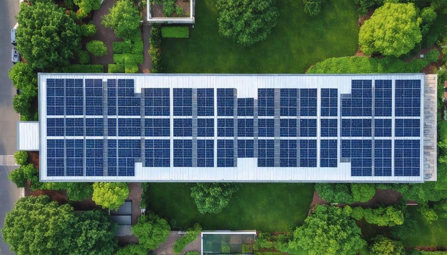 Sustainable commercial building featuring solar arrays and rooftop gardens