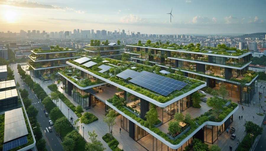 Aerial view of a sustainable urban area showcasing buildings with solar panels, wind turbines, and green roofs, representing the integration of green energy into modern construction.