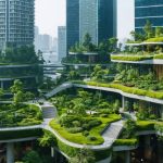 A contemporary urban landscape showcasing the integration of green roofs, bioswales, and urban forests among skyscrapers, symbolizing the evolution of sustainable urban construction.