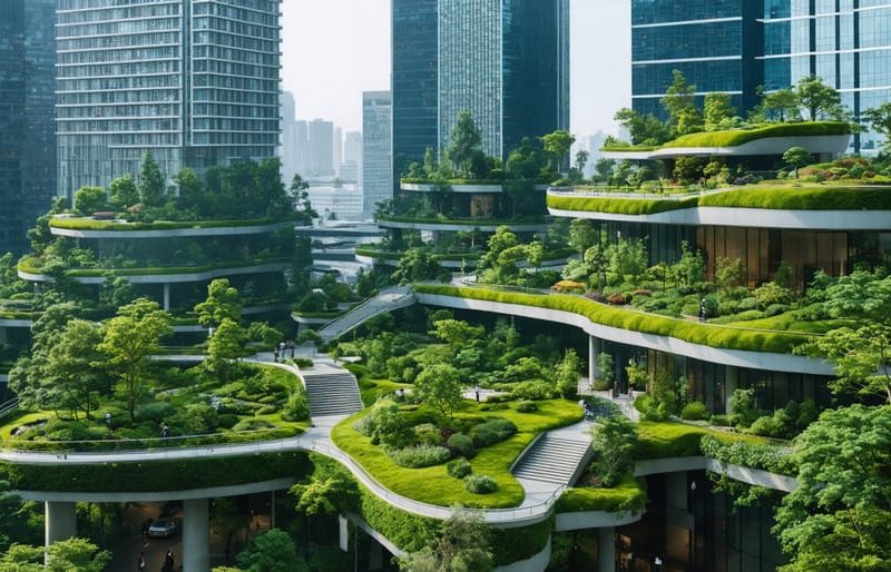 A contemporary urban landscape showcasing the integration of green roofs, bioswales, and urban forests among skyscrapers, symbolizing the evolution of sustainable urban construction.