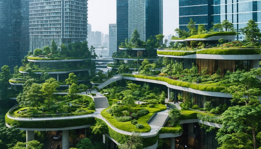 A contemporary urban landscape showcasing the integration of green roofs, bioswales, and urban forests among skyscrapers, symbolizing the evolution of sustainable urban construction.