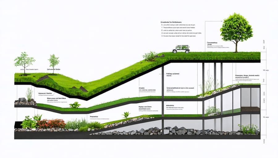 Technical illustration of green roof layers including vegetation, substrate, drainage, and waterproofing