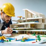 Professional architect crafting a detailed LEGO model of a building, symbolizing innovative construction planning solutions using modular bricks.