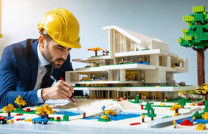 Professional architect crafting a detailed LEGO model of a building, symbolizing innovative construction planning solutions using modular bricks.