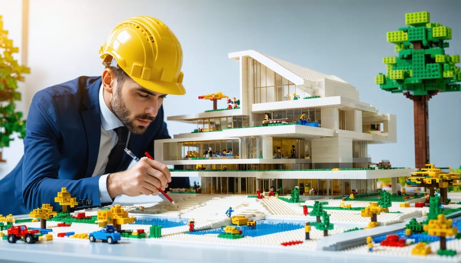 Professional architect crafting a detailed LEGO model of a building, symbolizing innovative construction planning solutions using modular bricks.