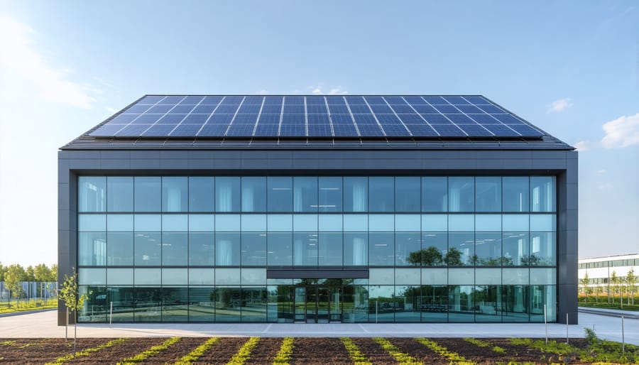 Commercial building with building-integrated photovoltaic panels seamlessly incorporated into its architecture