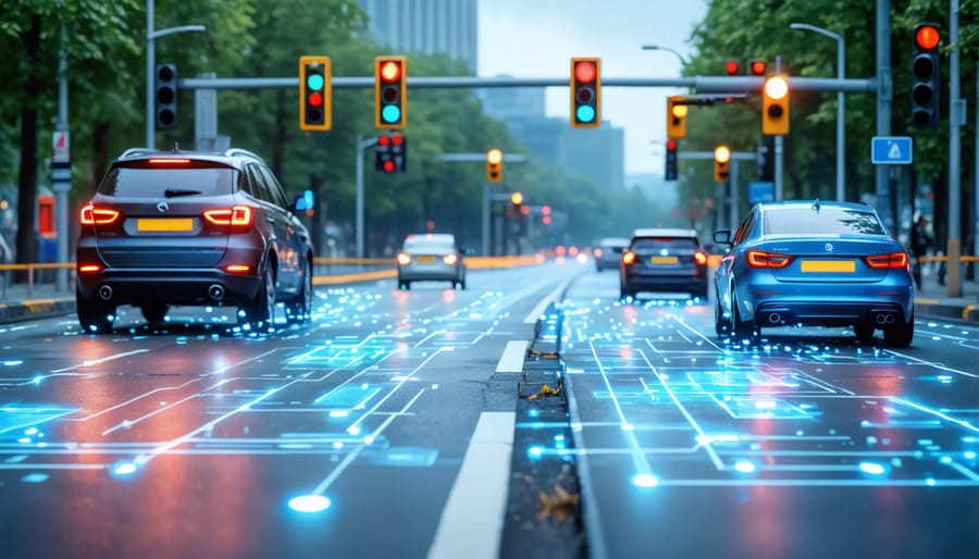 Urban intersection showing autonomous vehicles, smart traffic lights, and real-time data visualization