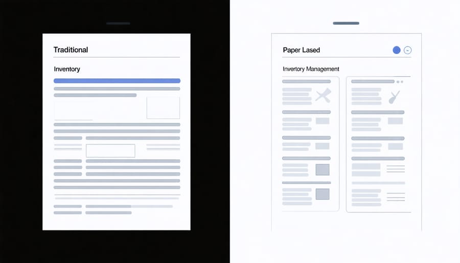 Side-by-side comparison of traditional clipboard inventory management and digital IoT dashboard