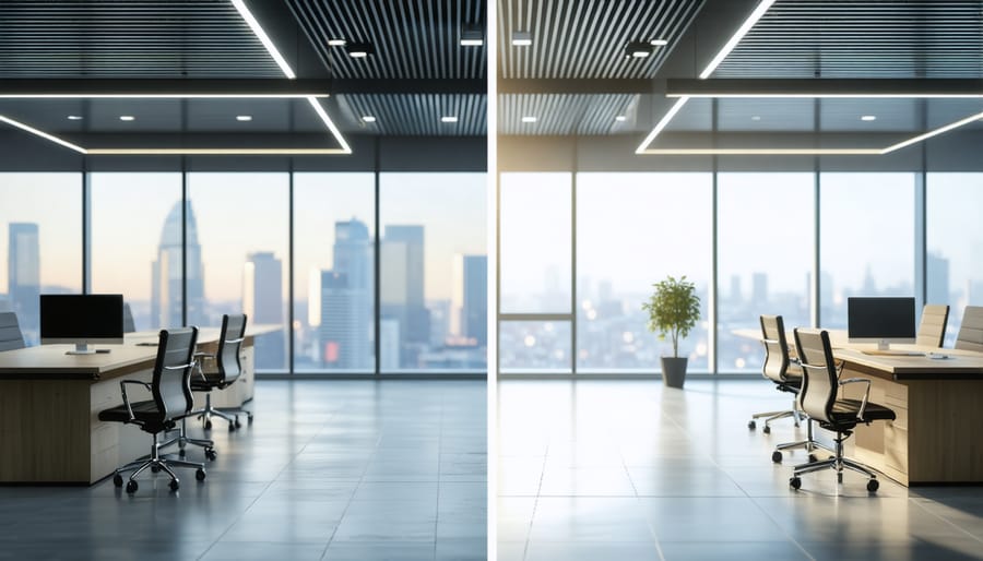 Split image comparing fluorescent and LED lighting in identical office environments