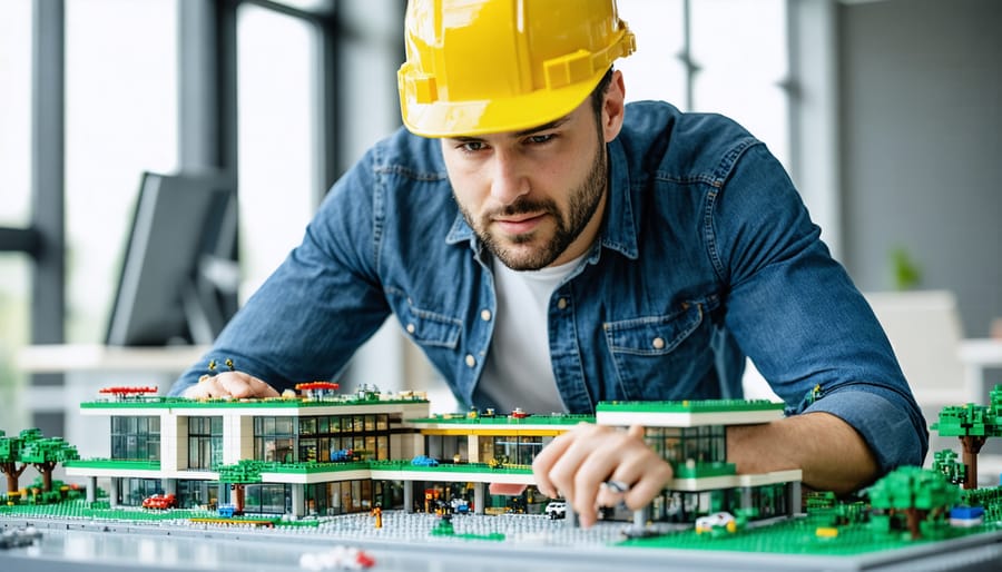 Architect examining a sophisticated LEGO architectural model on a design table