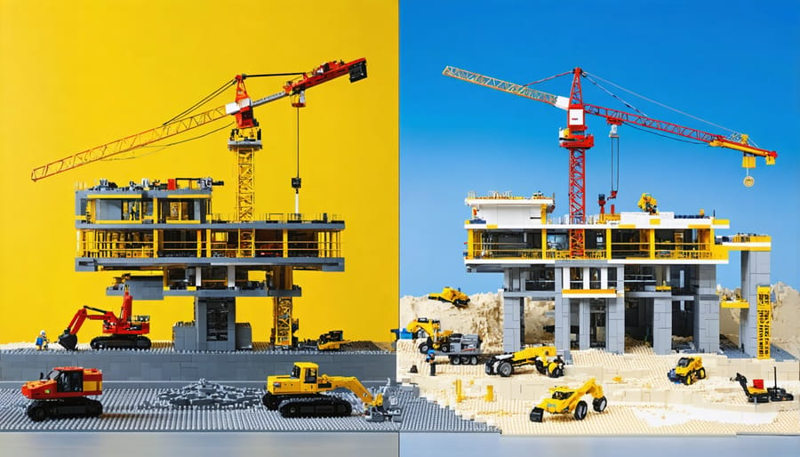 Side-by-side comparison of completed building project and its original LEGO prototype model