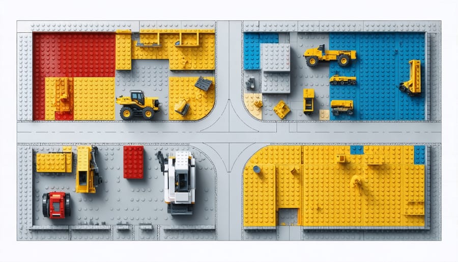 Aerial view of a LEGO construction site layout model with colored zones for different work areas