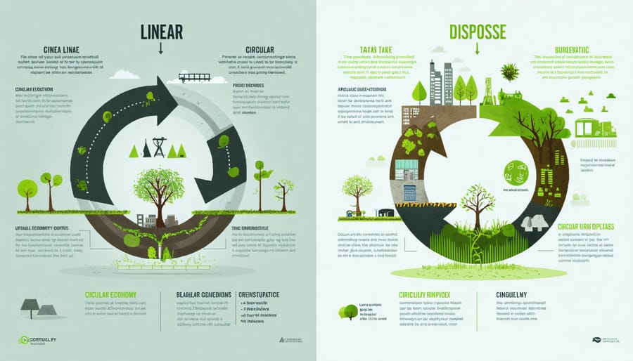 Comparative diagram showing linear economy's straight path versus circular economy's continuous loop in construction