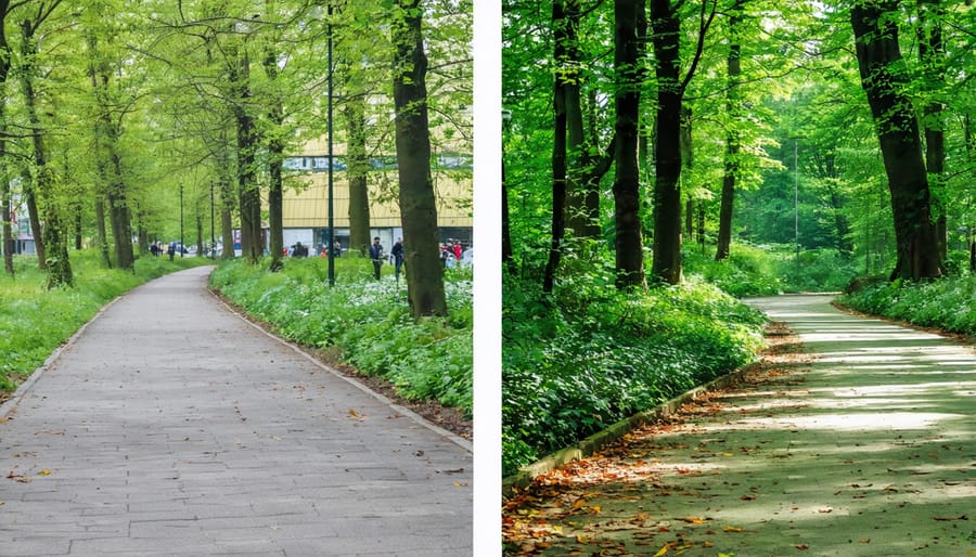 Side-by-side comparison of Manchester's urban transformation through green space implementation