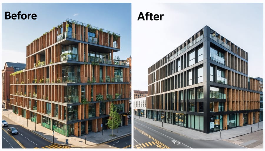 Side-by-side comparison showing Manchester's Green Quarter before and after green infrastructure implementation