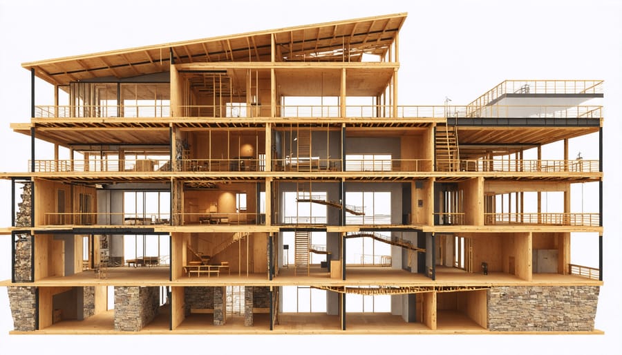 Detailed architectural cross-section of a mass timber building highlighting engineered wood products