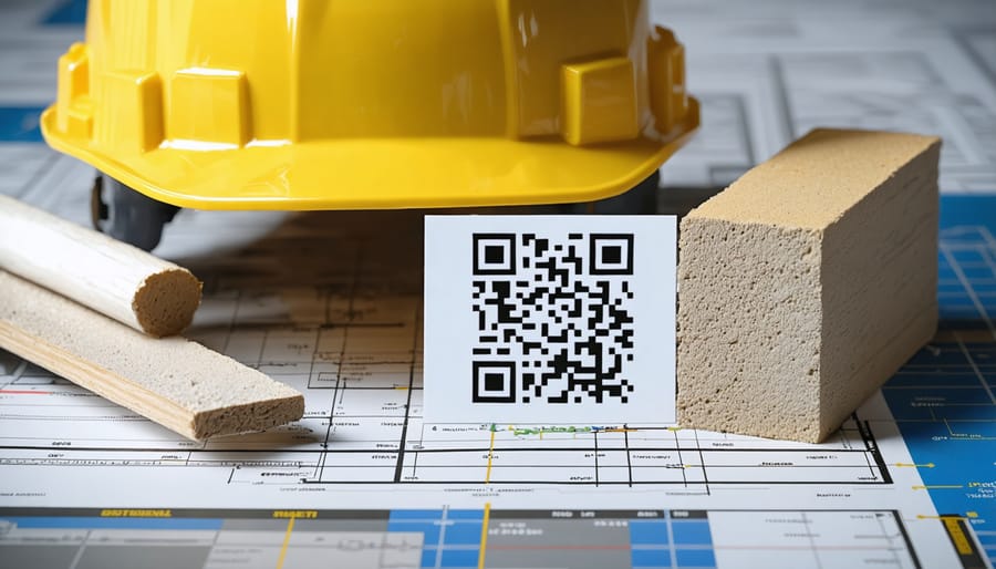 Construction worker scanning building materials with mobile device showing blockchain tracking system