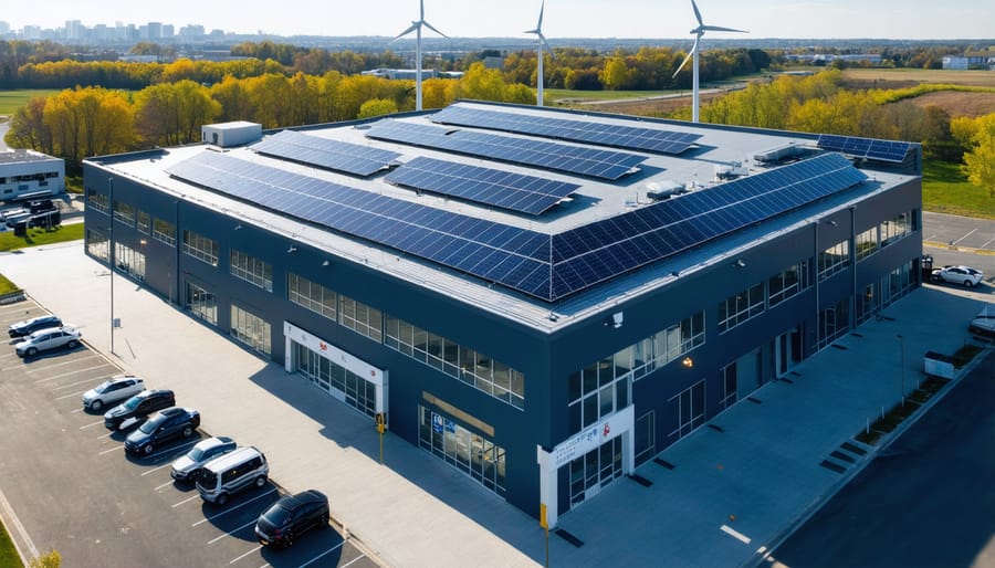 Modern zero energy commercial building with integrated renewable energy systems