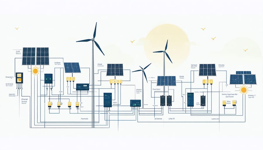 Microgrid system diagram with renewable energy integration and storage components