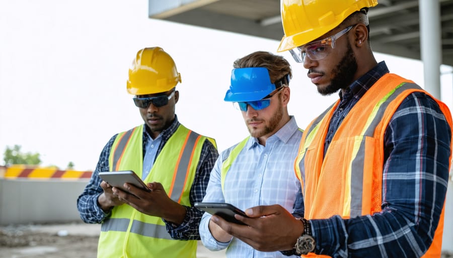 Construction professionals collaborating using mobile devices on construction site