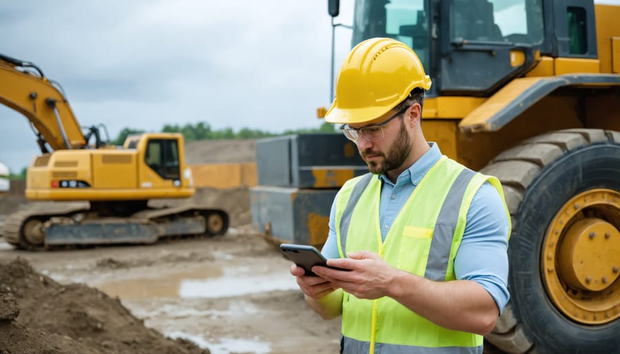 Site manager accessing mobile inventory management system on construction site