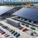 A modern construction site showcasing advanced energy storage solutions, including solar panels and a battery storage facility, representing the integration of sustainable energy practices in construction.