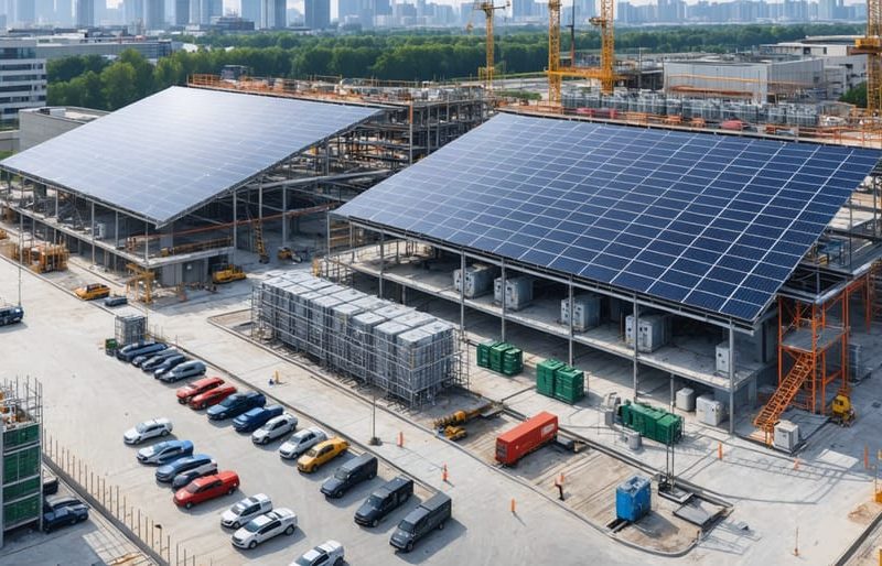 A modern construction site showcasing advanced energy storage solutions, including solar panels and a battery storage facility, representing the integration of sustainable energy practices in construction.