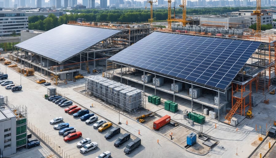 A modern construction site showcasing advanced energy storage solutions, including solar panels and a battery storage facility, representing the integration of sustainable energy practices in construction.