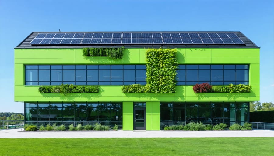 Sustainable commercial building with integrated green technologies and design elements