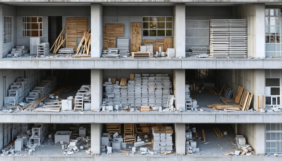 Construction workers dismantling a modular building system showing separable components